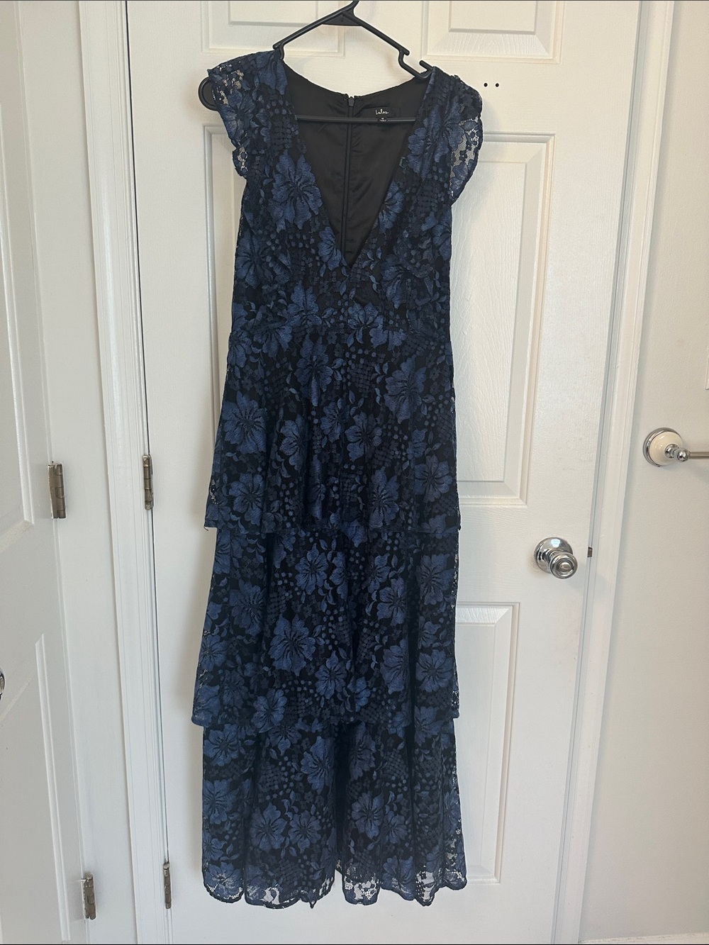 Lulu's Navy Floral Lace Tiered V-Neck Dress